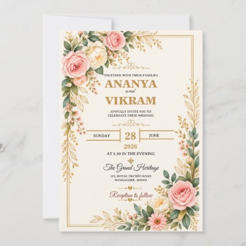 Gold Floral Watercolor Wedding Invitation Card