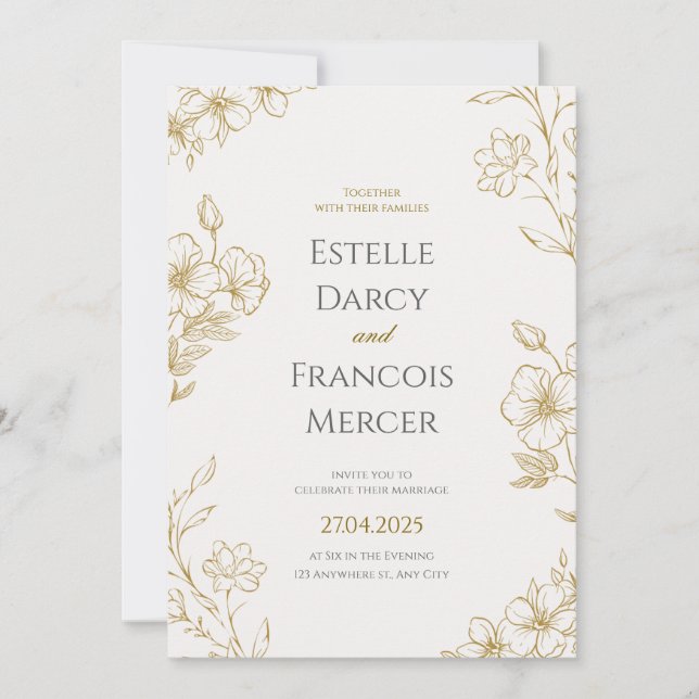 Gold Floral Wedding Invitation, Elegant Classic Ca Invitation (Front)