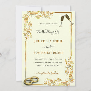 Gold Floral Wedding Invitation + Rings & Champagne