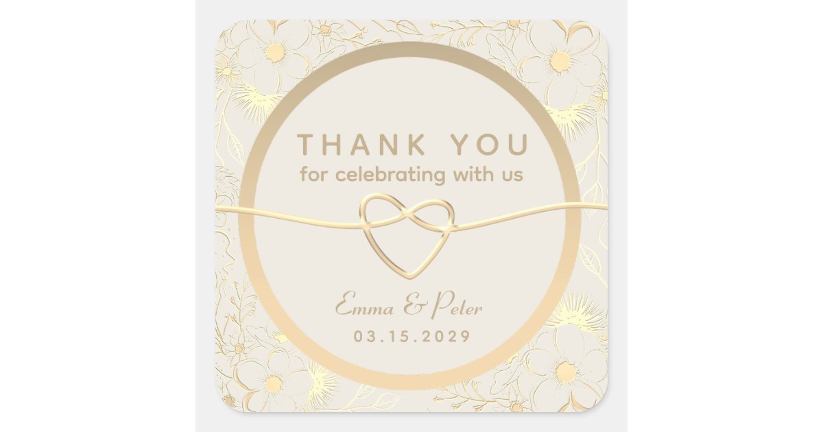 Gold Floral Wedding Thank You Square Sticker | Zazzle