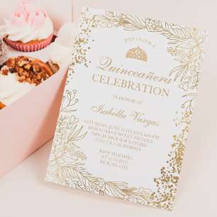 Gold floral white Tiara chic Quinceañera Invitation