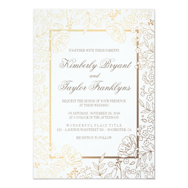 Gold Floral White Vintage Wedding Invitation