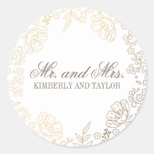 Gold Floral White Vintage Wedding Monogram Classic Round Sticker