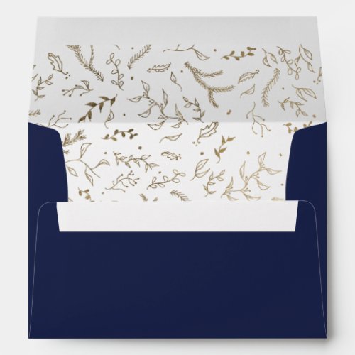 Gold floral winter navy blue wedding address envelope