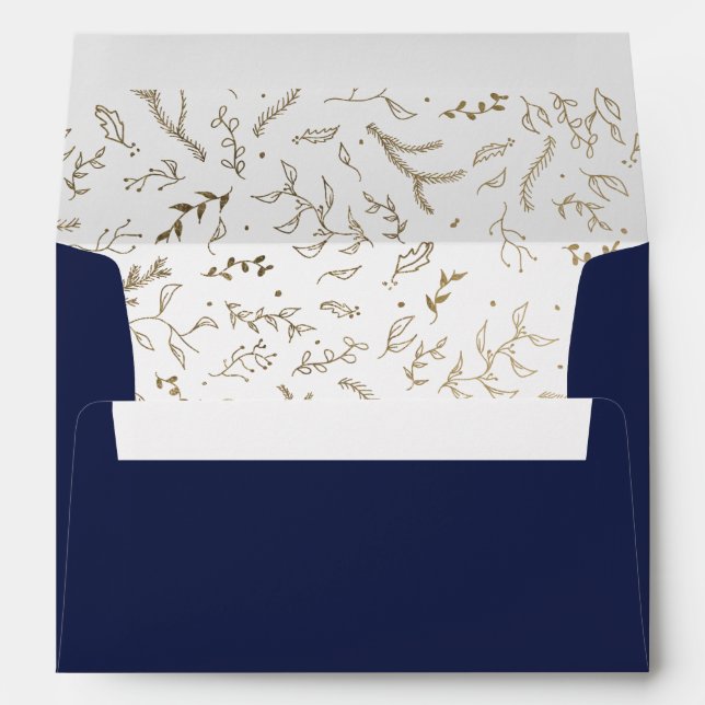 Gold floral winter navy blue wedding address envelope (Back (Bottom))