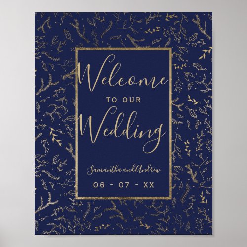 Gold floral winter navy blue wedding welcome poster