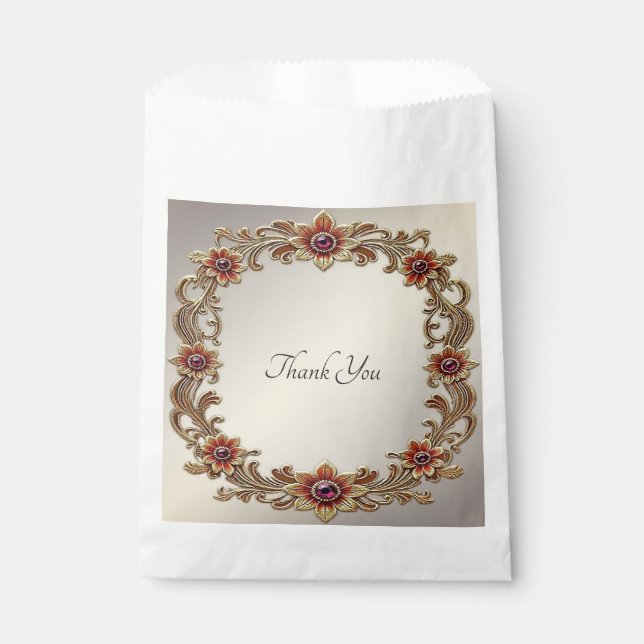 Gold Floral with Red Stones Favor Bag (Front)