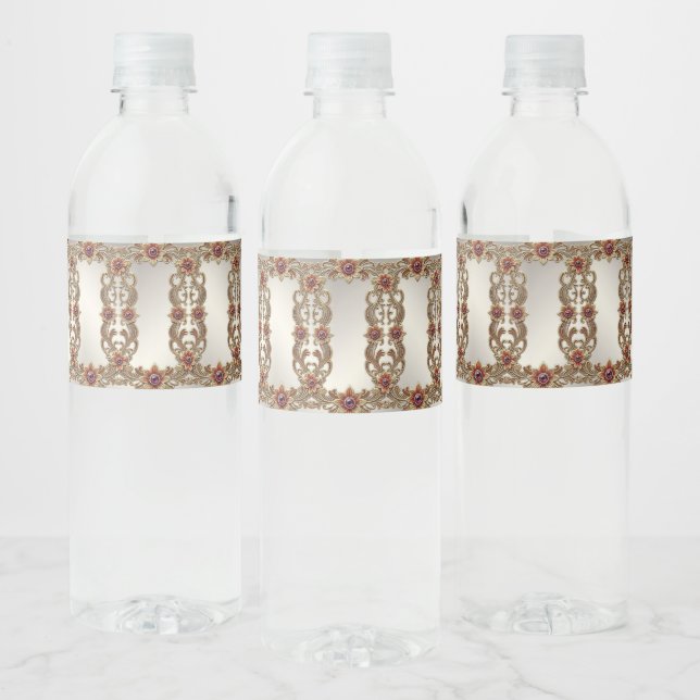 Gold Floral with Red Stones Water Bottle Label (Bottles)
