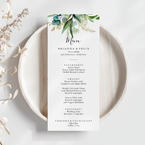 Gold Floral With Tropical Greenery Dinner Menu