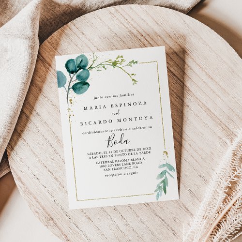 Gold Floral With Tropical Greenery Spanish Wedding Invitation
