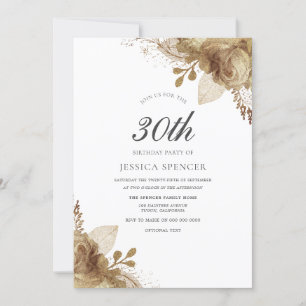 Gold Floral Womans Mens 30th Birthday Party Invite
