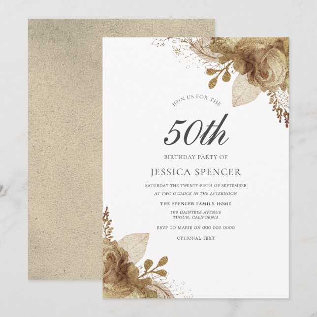 Gold Floral Womans Mens 50th Birthday Party Invite (Front/Back)