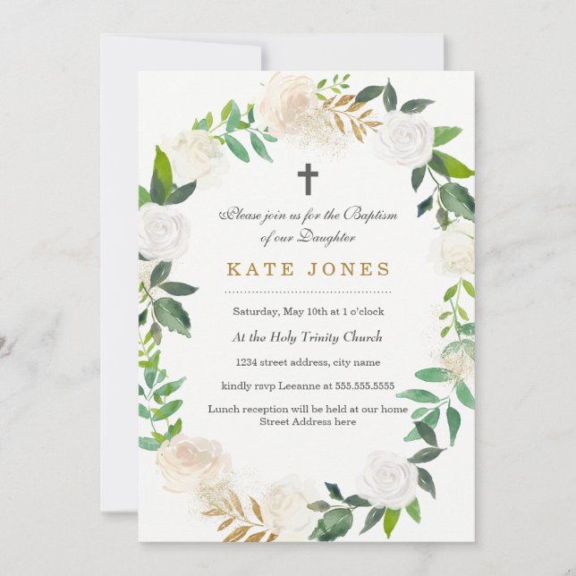 Gold Floral Wreath Baptism Invitation (Front)