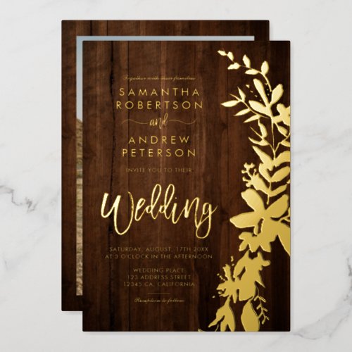 gold floral wreath chic wedding rustic brown wood foil invitation