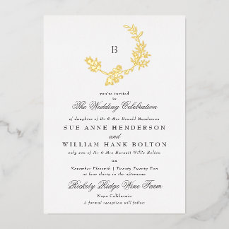 Gold Floral Wreath Classic Monogram Wedding Foil Invitation