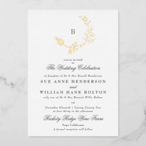 Gold Floral Wreath Classic Monogram Wedding Foil Invitation