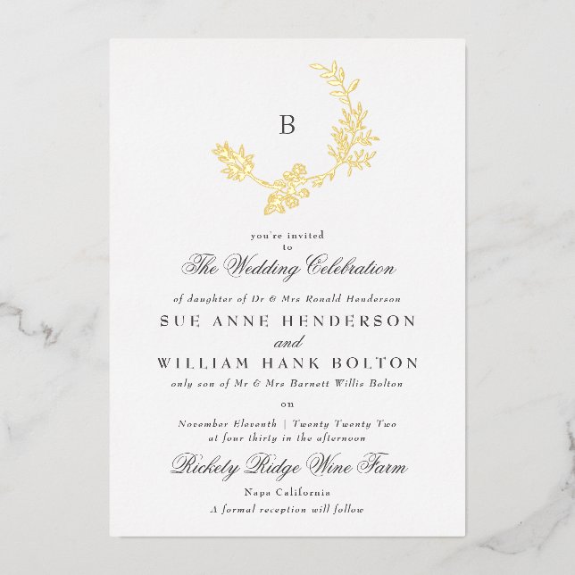 Gold Floral Wreath Classic Monogram Wedding Foil Invitation (Front)