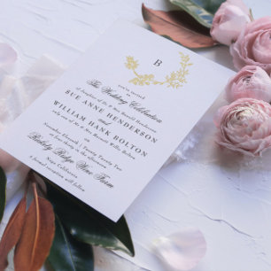 Gold Floral Wreath Classic Monogram Wedding Foil Invitation