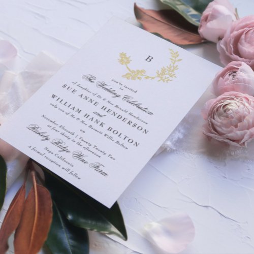 Gold Floral Wreath Classic Monogram Wedding Foil Invitation