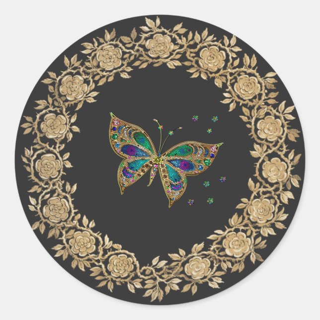 Gold Floral Wreath, Colorful Butterfly Classic Round Sticker (Front)