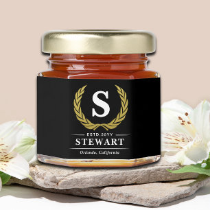 Gold Floral Wreath Monogram Name Wedding Honey Jar Favors