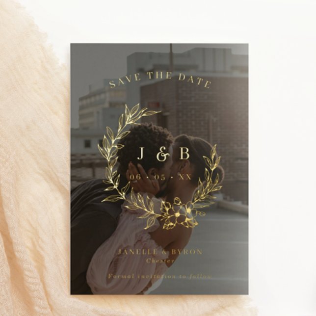 Gold Floral Wreath Monogram Photo Save The Date Foil Invitation (Creator Uploaded)