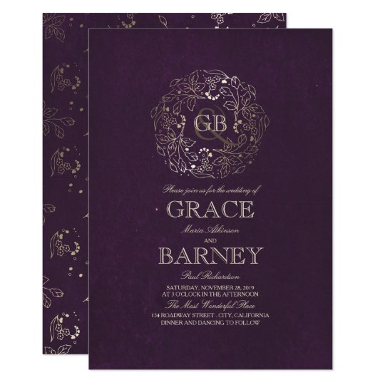 Gold Fl Wreath Monogram Vintage Plum Wedding Invitation Zazzle Gold Fl Wreath Monogram Vintage Plum Wedding Invitation