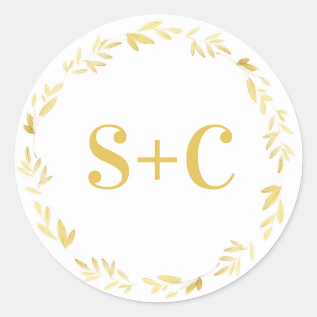 Gold floral wreath personalized wedding stickers (Front)
