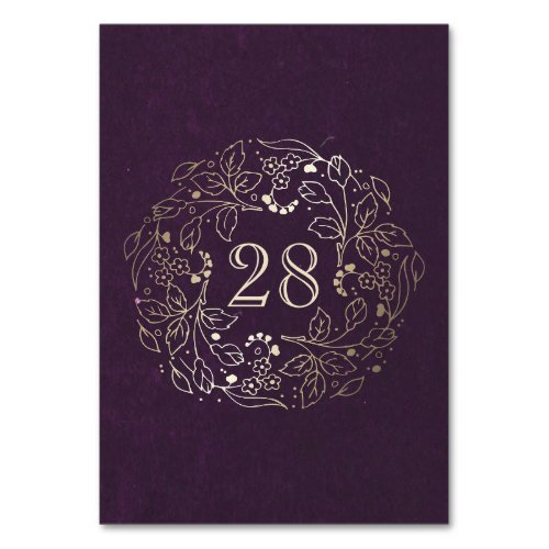 Gold Floral Wreath Plum Vintage Wedding Table Number - Vintage plum purple and gold floral wreath wedding table number cards