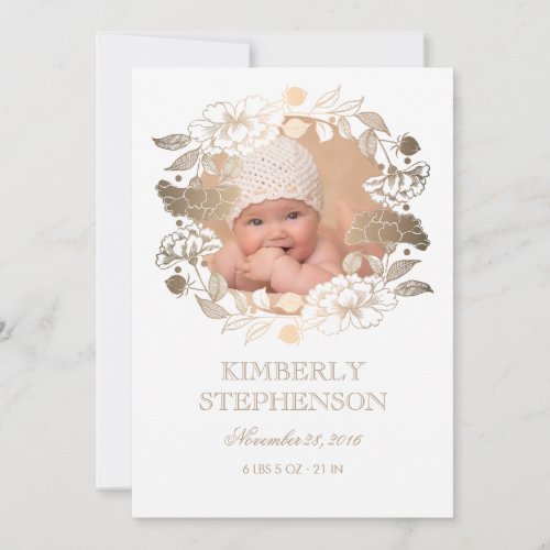 Gold Floral Wreath Sweet Newborn Baby Photo Birth Announcement - Gold and white fabulous newborn baby birth photo announcement with cute peony blossoms floral wreath