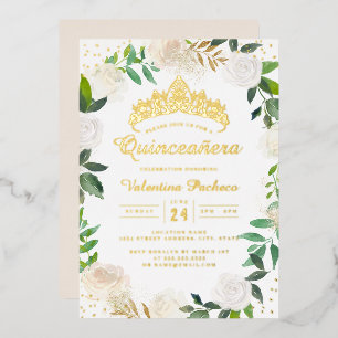 Gold Floral Wreath Tiara Quinceanera   Foil Invitation