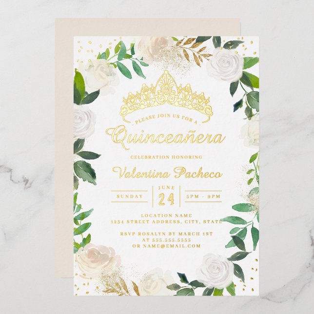 Gold Floral Wreath Tiara Quinceanera   Foil Invitation (Front/Back)
