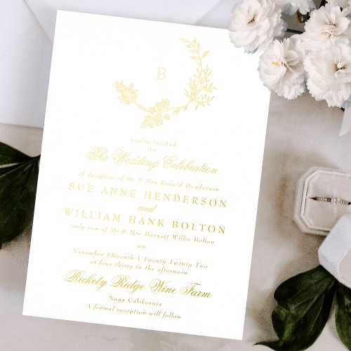 Gold Floral Wreath Vintage Monogram Wedding Foil Invitation