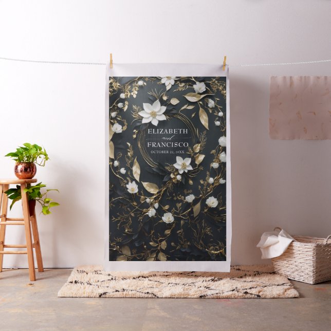 Gold Floral Wreath Wedding Photo Booth Backdrop (In Situ)
