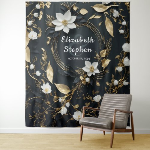 Gold Floral Wreath Wedding Photo Booth Backdrop