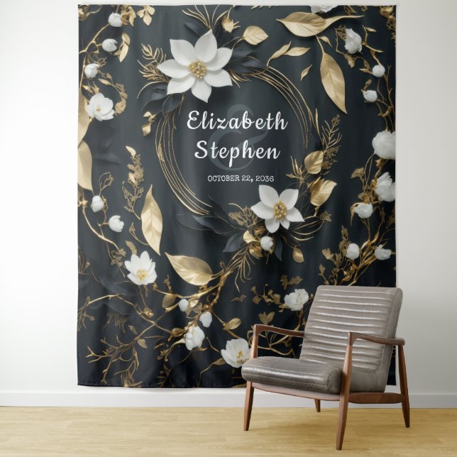 Gold Floral Wreath Wedding Photo Booth Backdrop (In Situ)