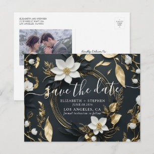 Gold Floral Wreath Wedding Photo Save the Date Announcement Postcard
