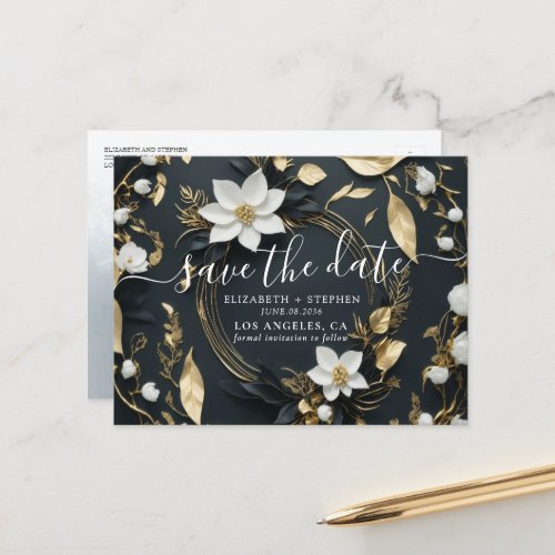 Gold Floral Wreath Wedding Photo Save the Date Announcement Postcard