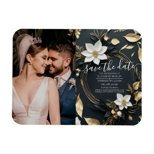 Gold Floral Wreath Wedding Photo Save The Date Magnet