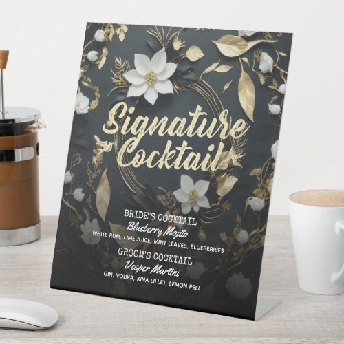 Gold Floral Wreath Wedding Signature Drink Menu Pedestal Sign