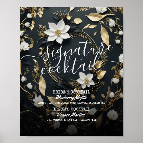 Gold Floral Wreath Wedding Signature Drink Menu Poster