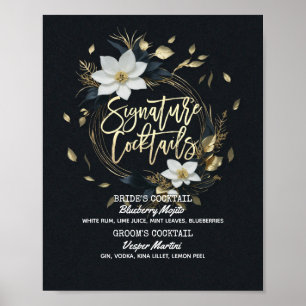 Gold Floral Wreath Wedding Signature Drink Menu Poster