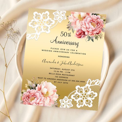 Gold florals 50th wedding anniversary invitation