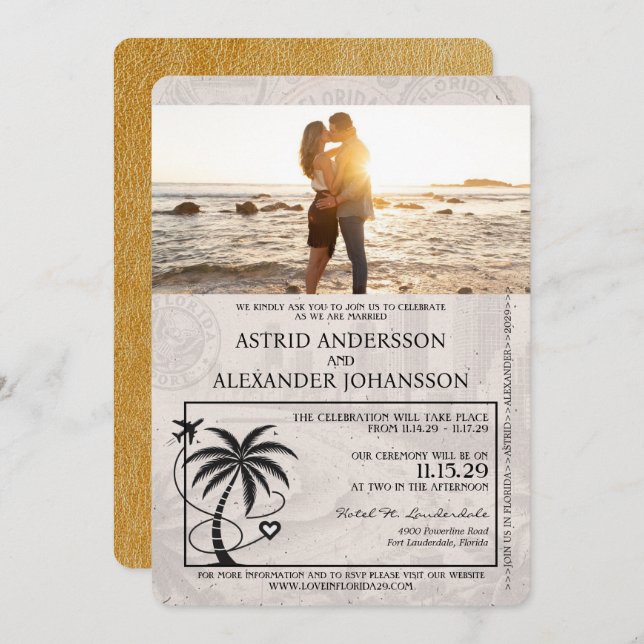Gold Florida Passport Wedding Invitation (Front/Back)