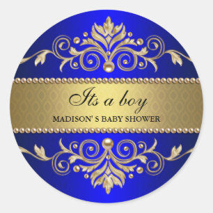 Gold Flourish Blue Elegant Baby Shower Its A Boy Classic Round Sticker
