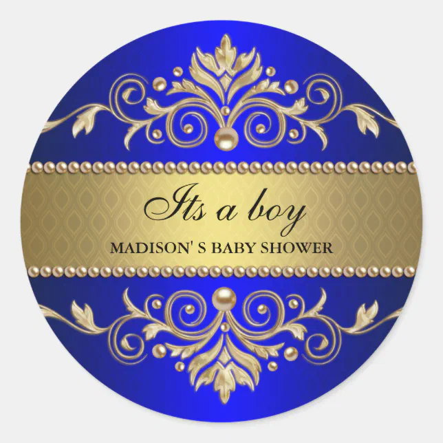 Gold Flourish Blue Elegant Baby Shower Its A Boy Classic Round Sticker ...
