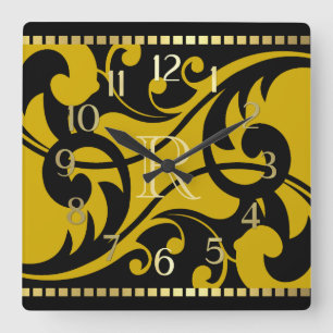 Gold Flourish Design Gold Border with Monogram Square Wall Clock