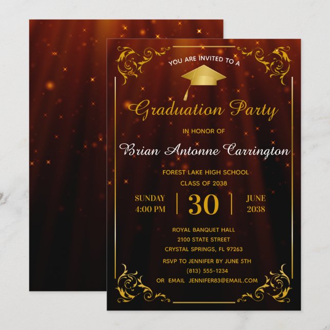 Gold Flourish Frame Graduation Party Invitation (Front/Back)