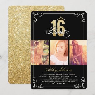Gold Flourish Glam Sweet 16 Photo Birthday Party Invitation