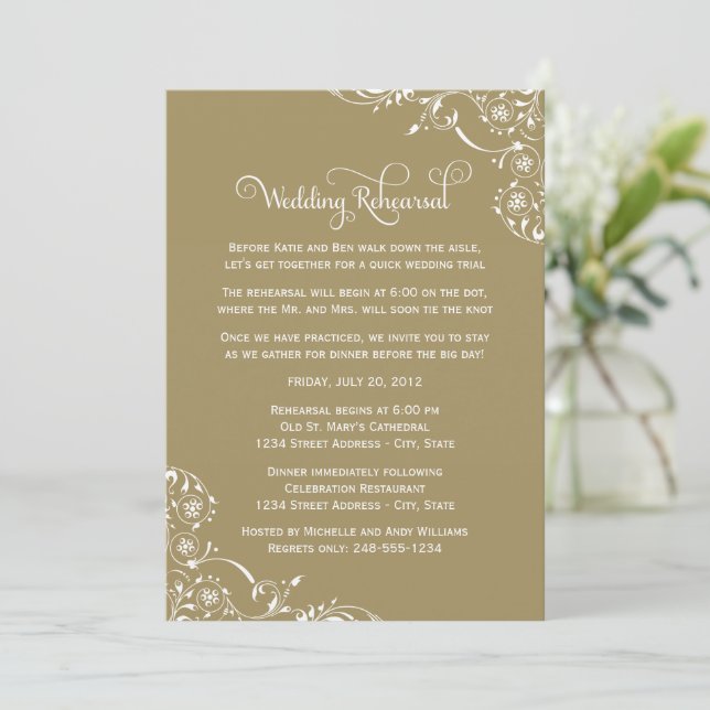 Gold Flourish Wedding Rehearsal Invitation (Standing Front)